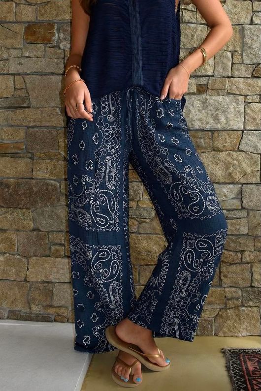 Ole Bubble Cotton Bandana Wide Leg Pant Navy